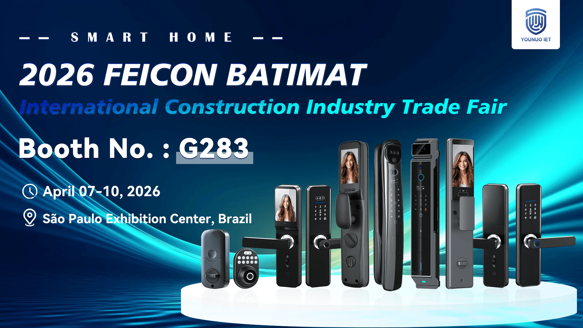 YOUNUO IET team presenting smart lock solutions at FEICON BATIMAT 2026 in São Paulo