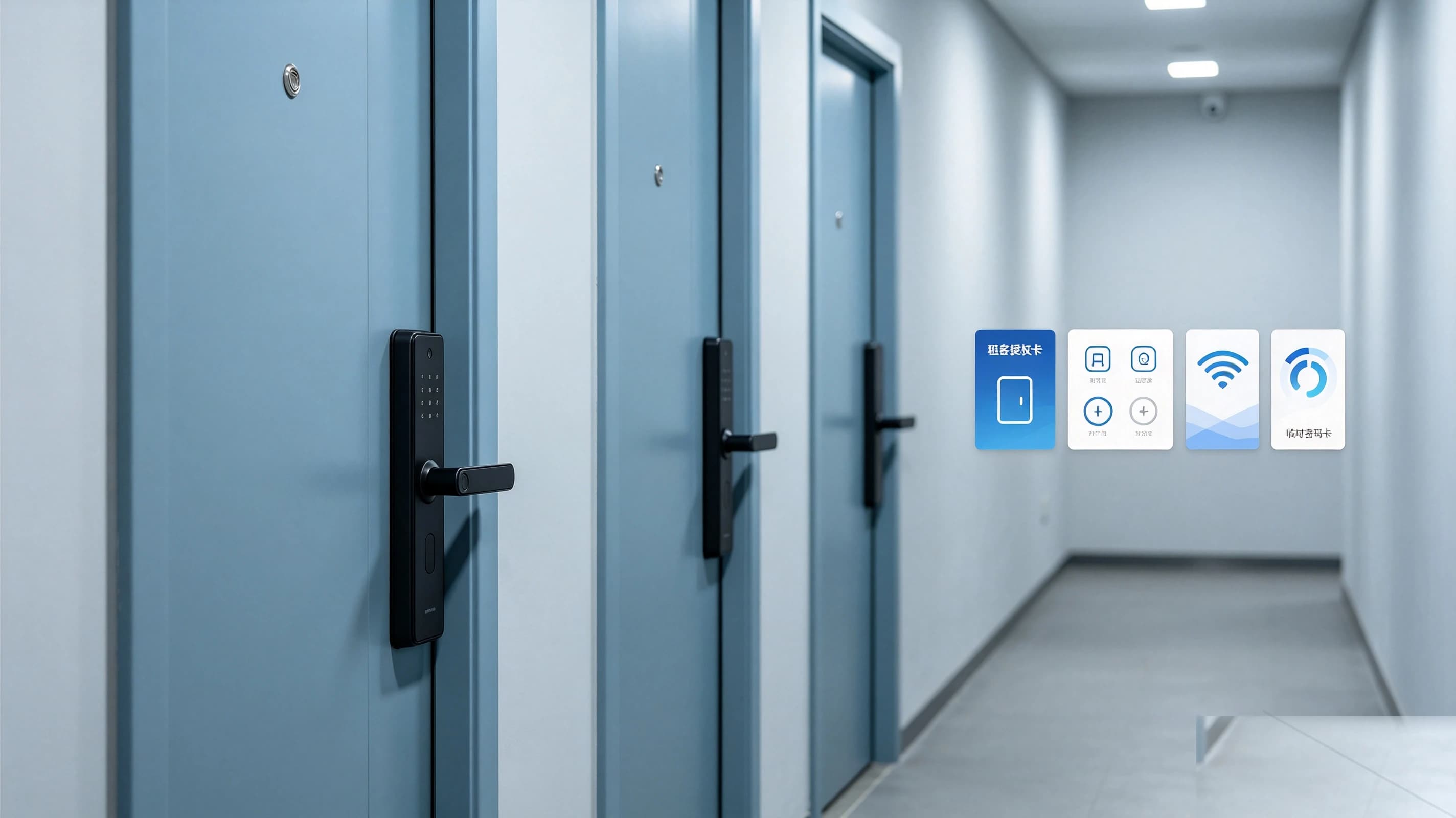 Apartment smart lock corridor solution visual showing smart door locks for rental property and multi-room access projects