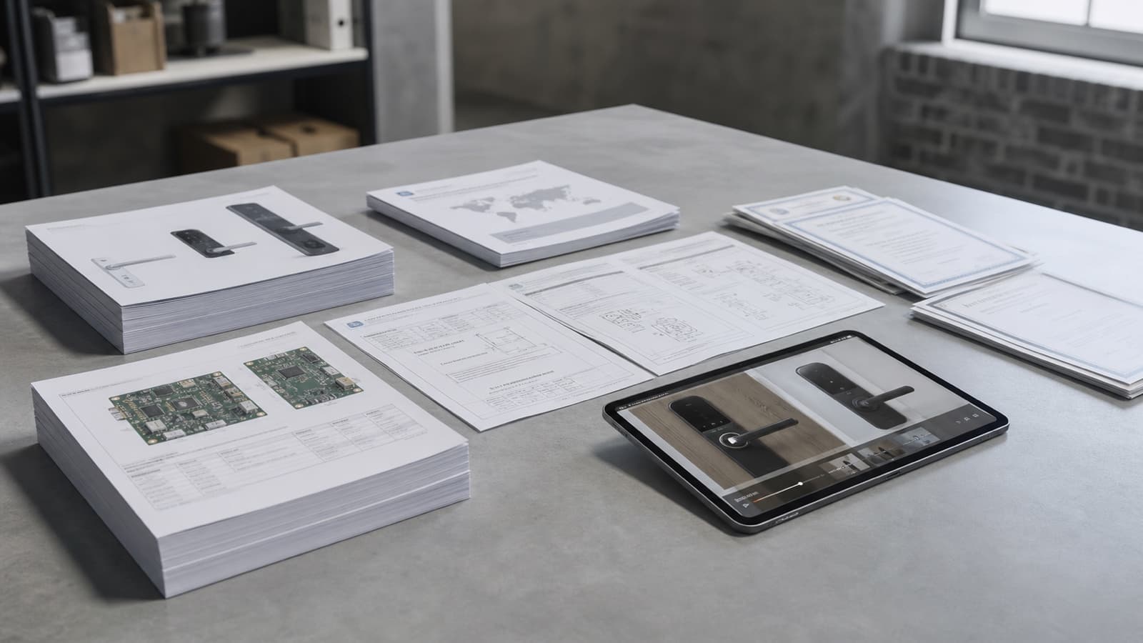 Industrial smart lock documentation workbench with product sheets, engineering drawings, PCBA references and a tablet installation guide preview
