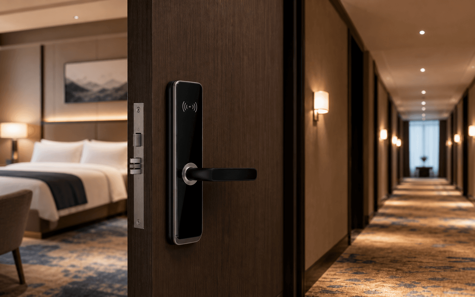 RFID hotel lock installed on a hotel room door beside an interior corridor