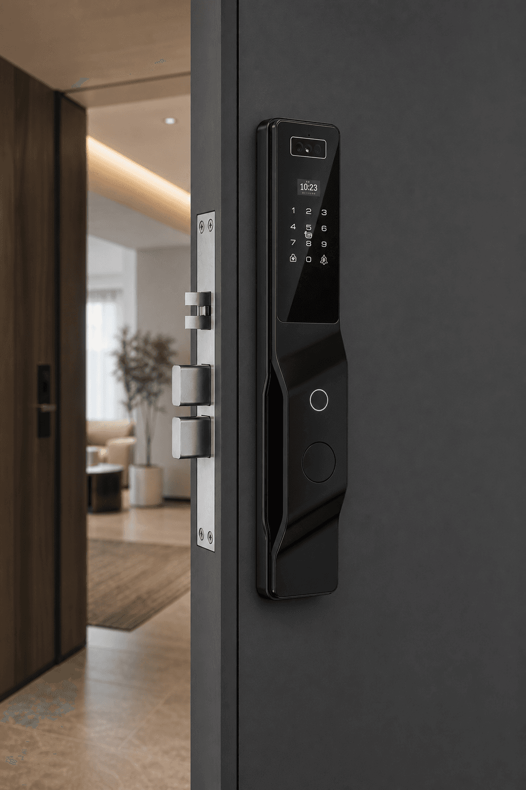 YN-DL-H007-H smart door lock installed on a modern apartment entrance door