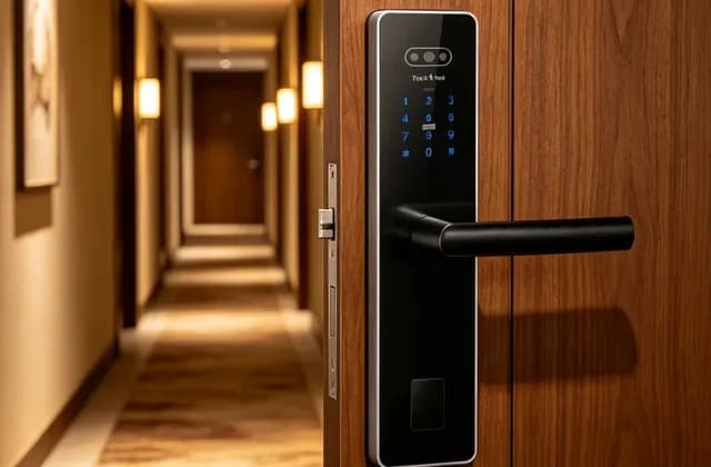 Black keypad hotel lock installed on a wood hotel room door beside a corridor
