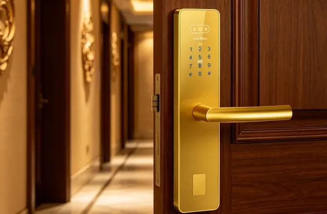 Gold keypad hotel lock installed on a wood hotel room door beside a corridor