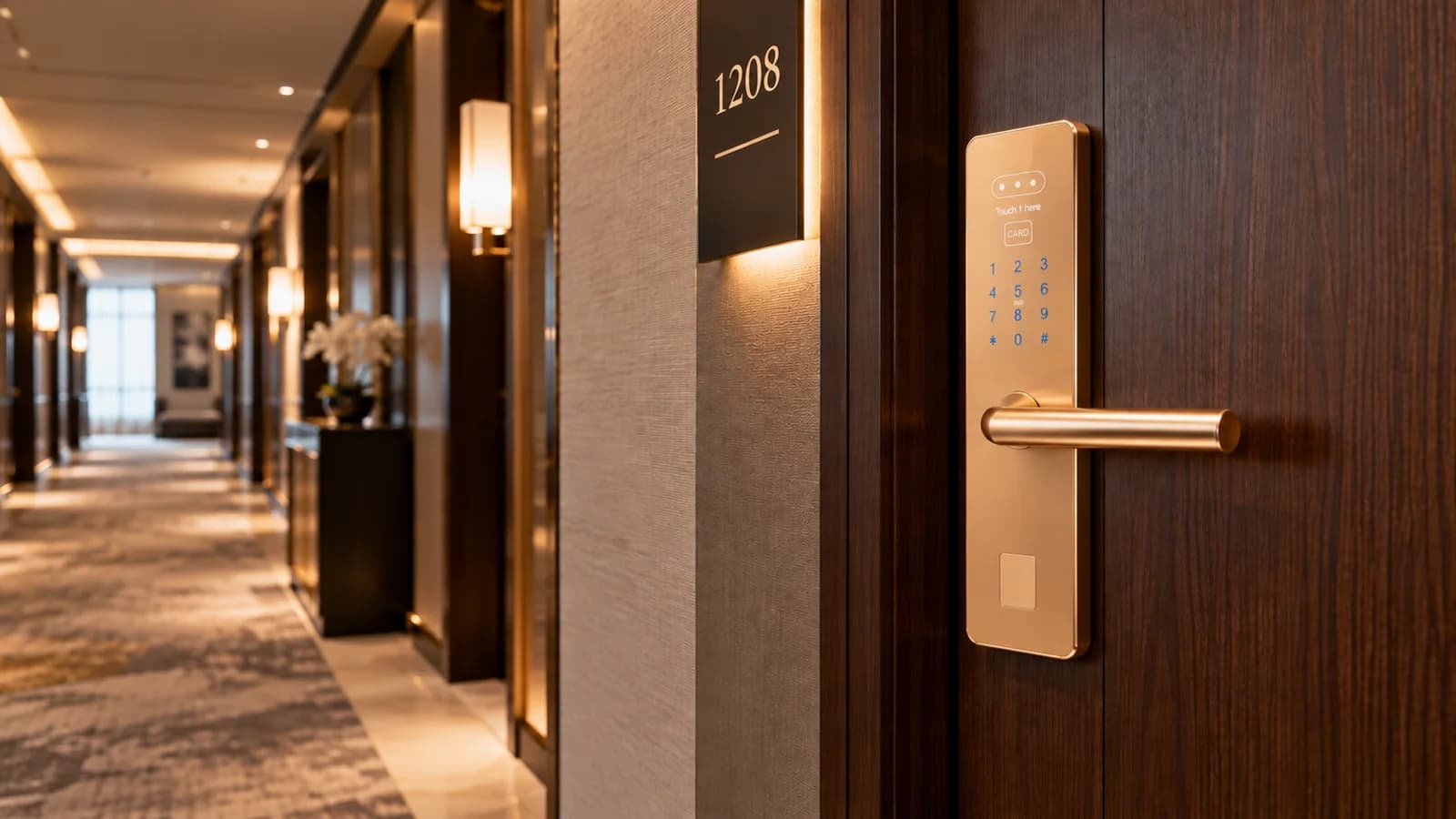 YOUNUO hotel RFID card lock shown in an illustrative upscale hotel corridor.
