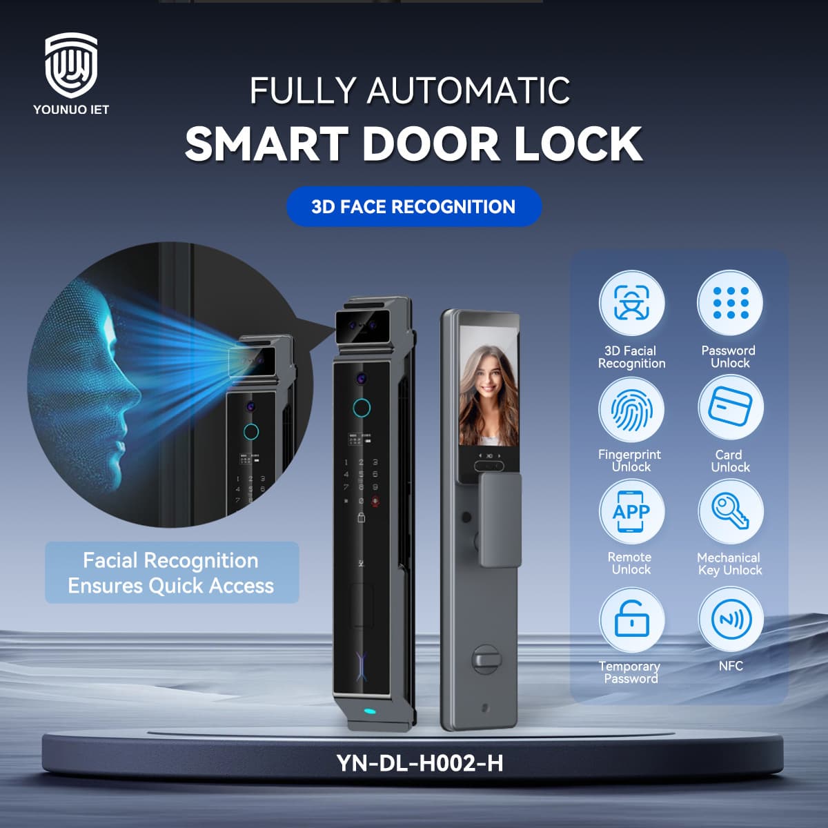 YN-DL-H002-H 3D face recognition smart door lock by YOUNUO IET