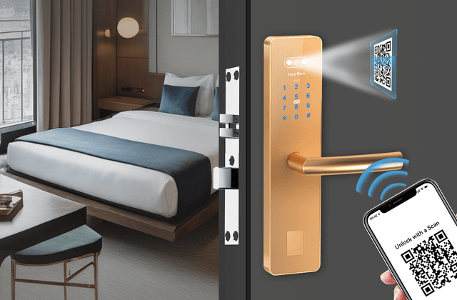 YOUNUO JoyInn QR hotel lock with QR code guest access in a hotel room