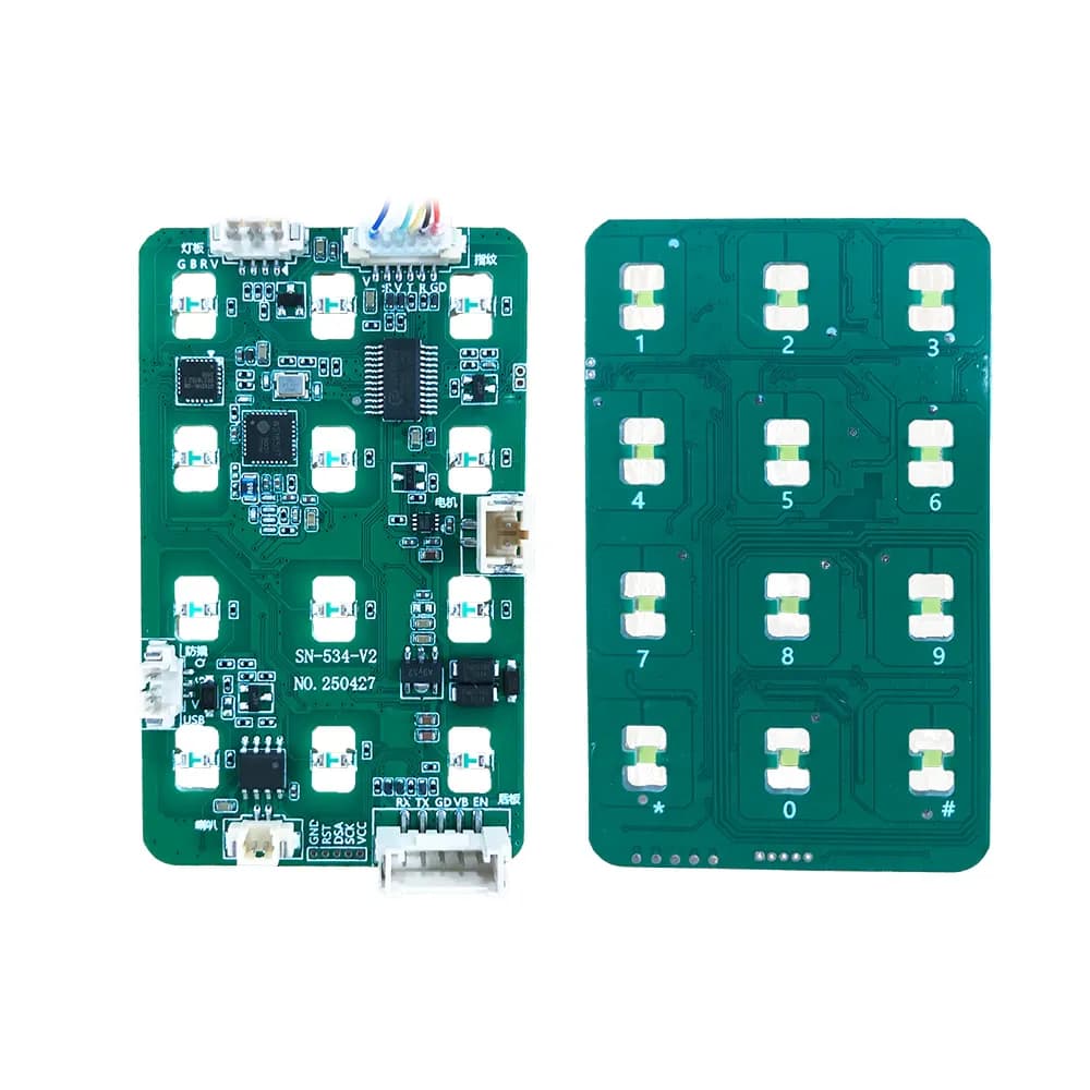 YOUNUO IET smart lock keypad PCBA module shown from component and contact sides