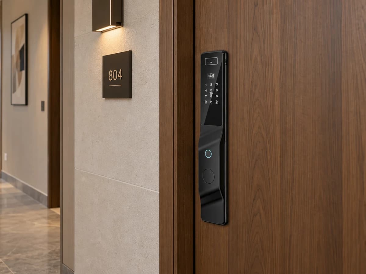 YOUNUO YN-DL-H007-H smart lock shown in an illustrative modern apartment entrance.