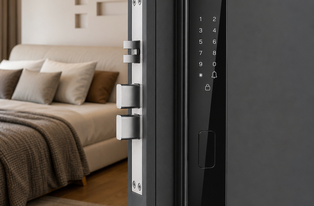 YN-DL-H003-P camera smart door lock installed on a partially open residential entrance door