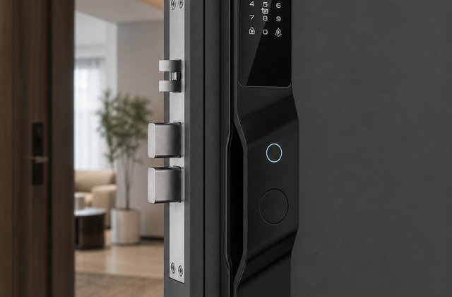 YN-DL-H007-H smart door lock installed on a modern apartment entrance door