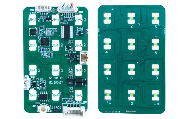 YOUNUO IET smart lock keypad PCBA module shown from component and contact sides